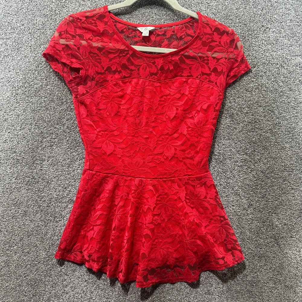 VTG‎ Guess Blouse Top Women XS Red Floral Lace Peplum USA Made Romantic Feminine